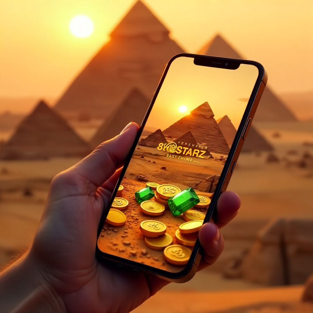 A hand holding a high-end smartphone displaying 888starz app, background featuring the Great Pyramids of Giza during a golden sunset, official red and white brand colors, 3D golden coins and emerald gems flying out of the screen, cinematic lighting, 8k.